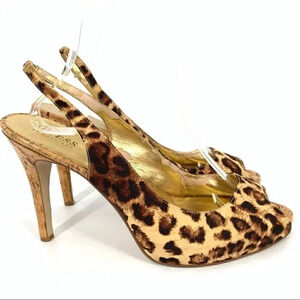 Guess womens heels size 10 brown cheetah print faux cork platform slingbacks
